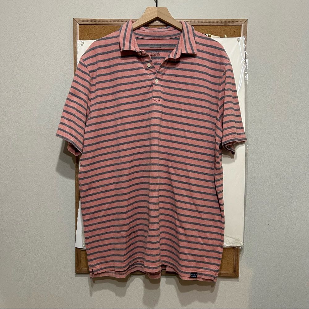 L.L. Bean Coral and Gray Striped Polo